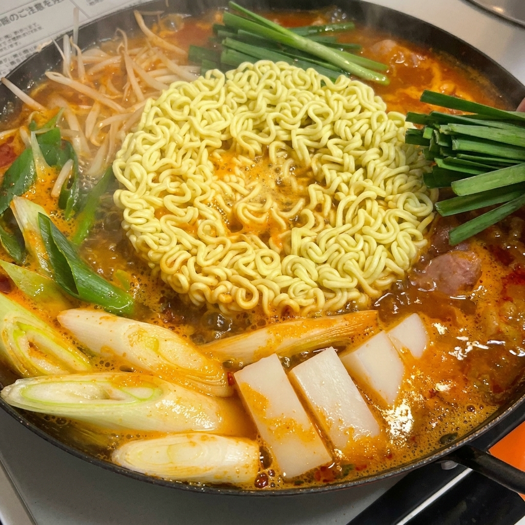 Freshly chopped green chives being sprinkled over the top of the simmering stew and noodles.