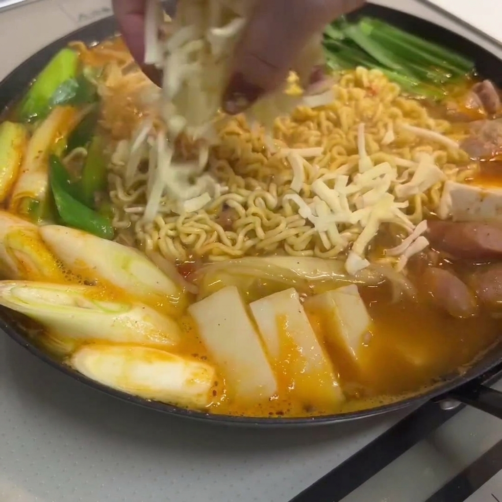 A hand sprinkling a handful of shredded yellow cheese over the finished, bubbling noodle stew.