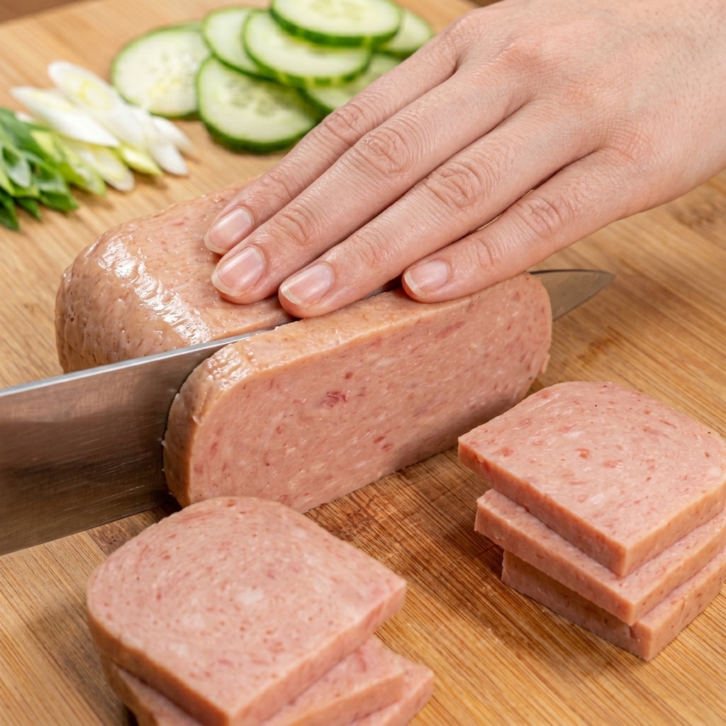 Luncheon meat cut into uniform rectangular slices on a wooden board.