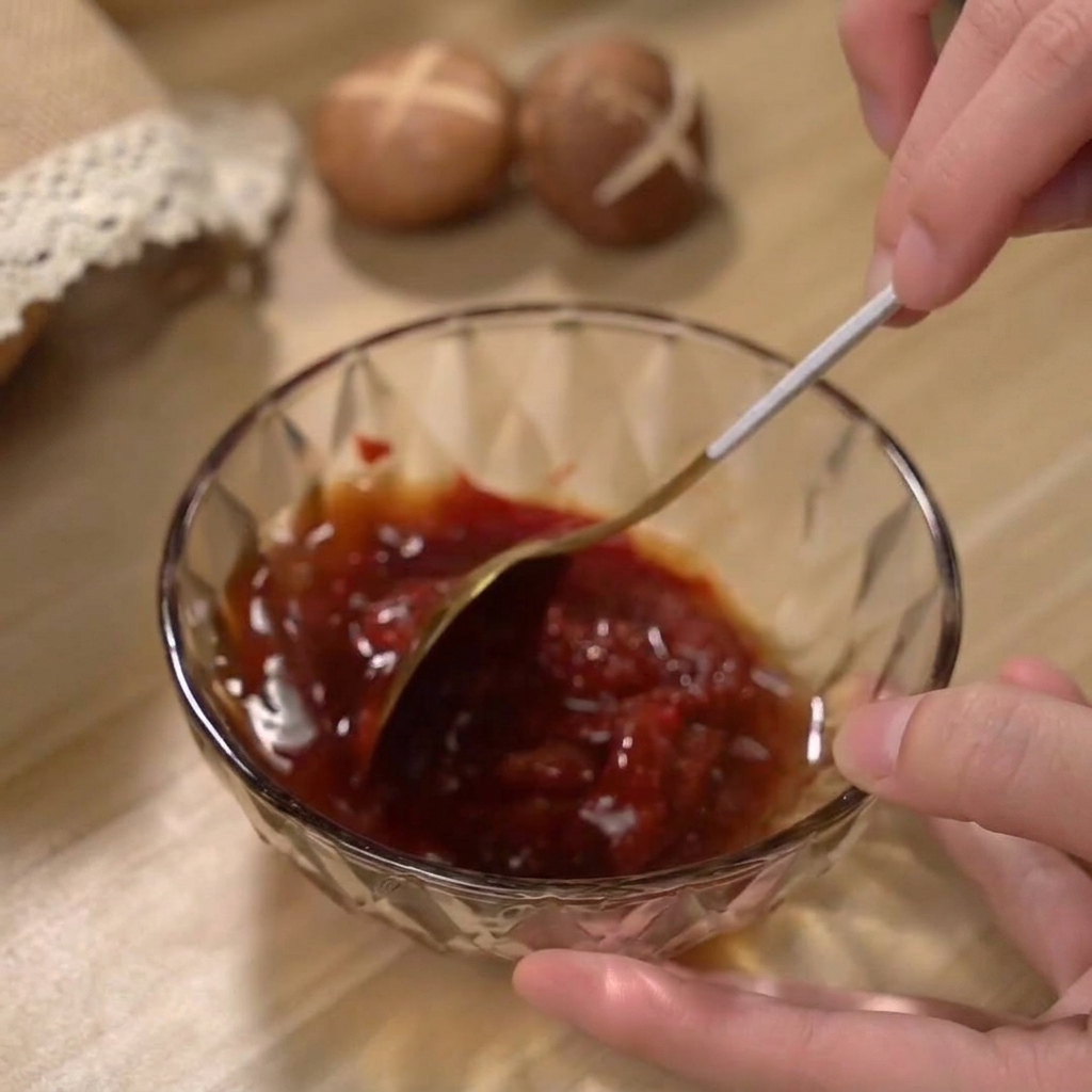 A rich, red spicy sauce being mixed in a small glass bowl.