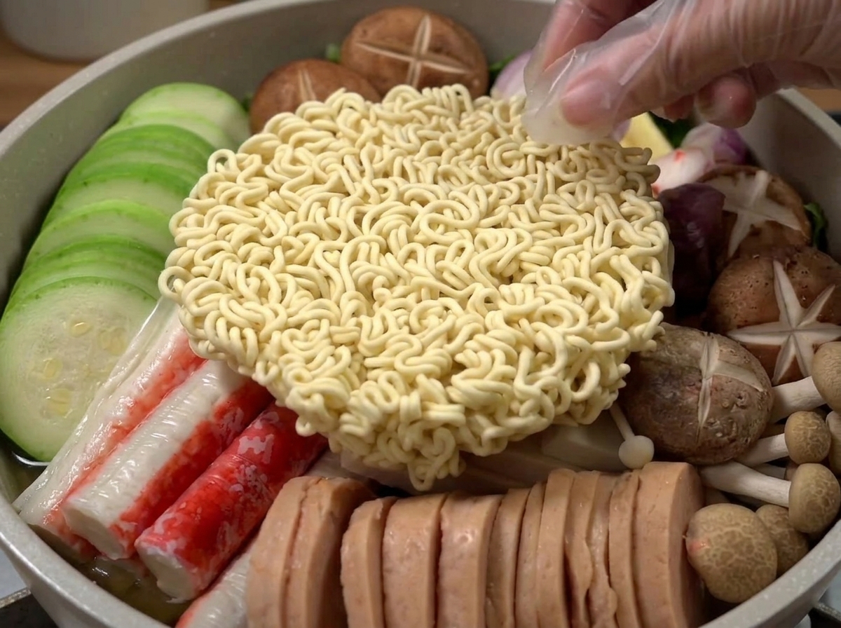 A block of instant noodles placed on top of ingredients in a pot, with a hand pouring sauce over it.