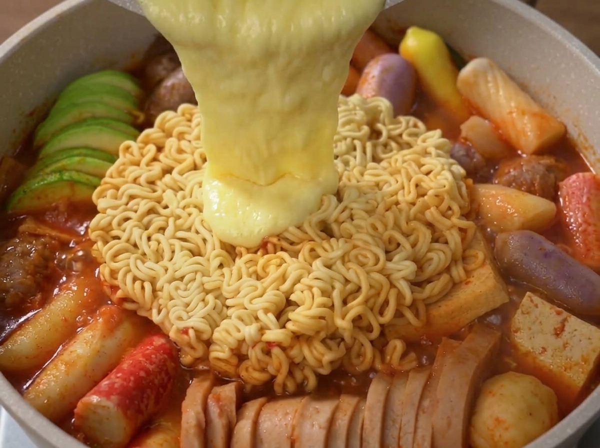 Rich, melted cheese being poured from a container over cooked noodles in a Korean Army Stew.