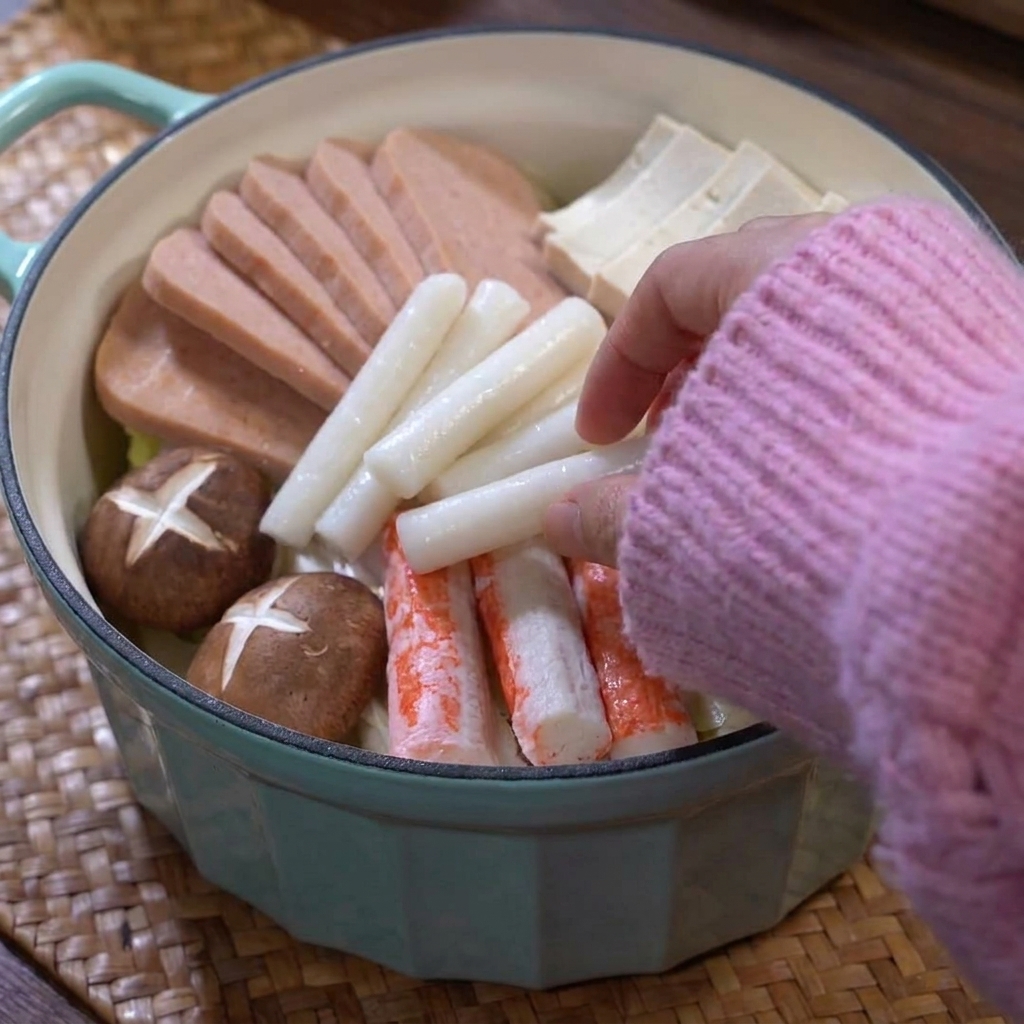 Kimchi being added to the center of the pot using a pair of chopsticks.