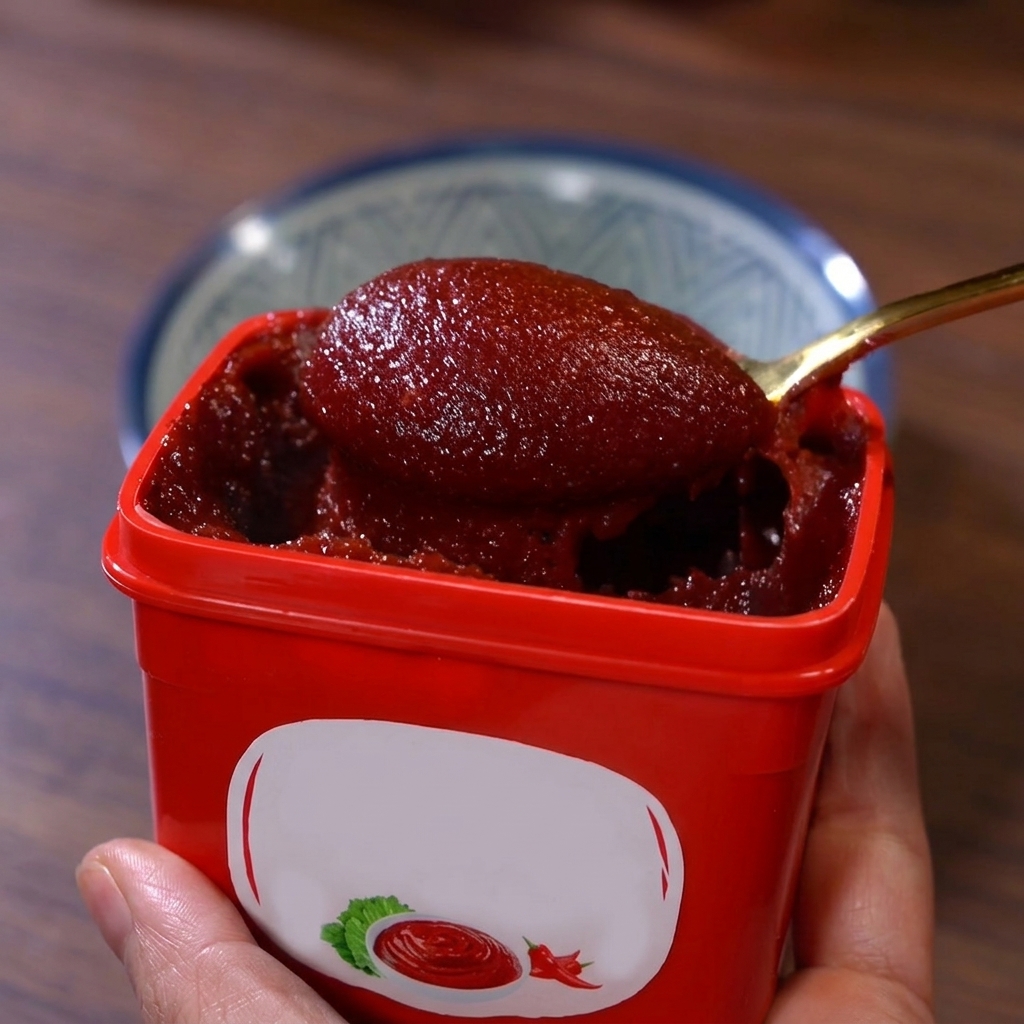A small bowl containing red Korean chili paste being mixed with other sauce ingredients.