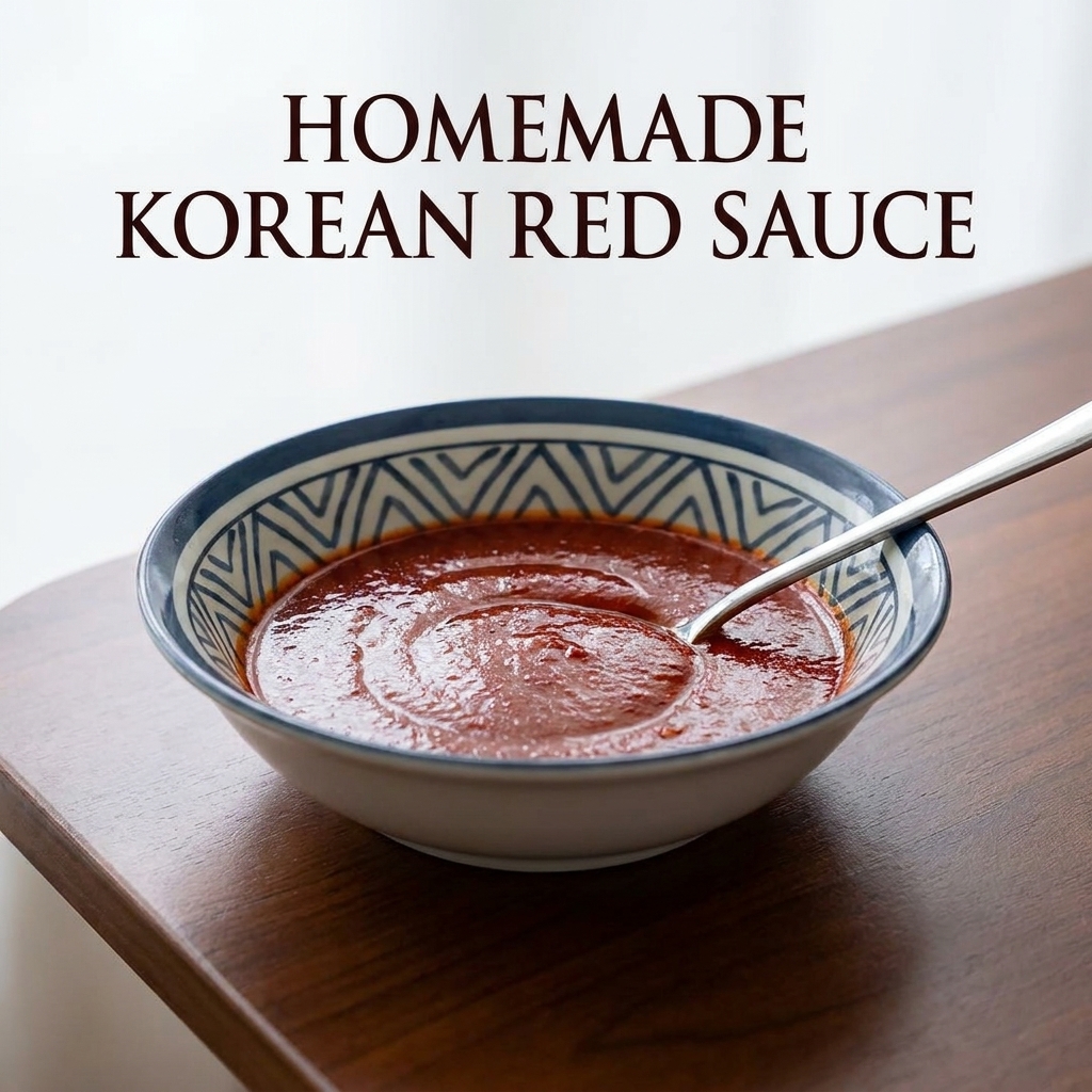 Thick red sauce being poured from a blue bowl onto arranged ingredients in a pot.