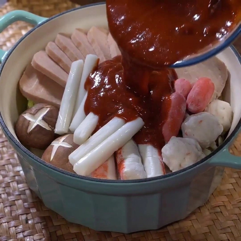 Clear water being poured into the pot containing the arranged Korean army stew ingredients.