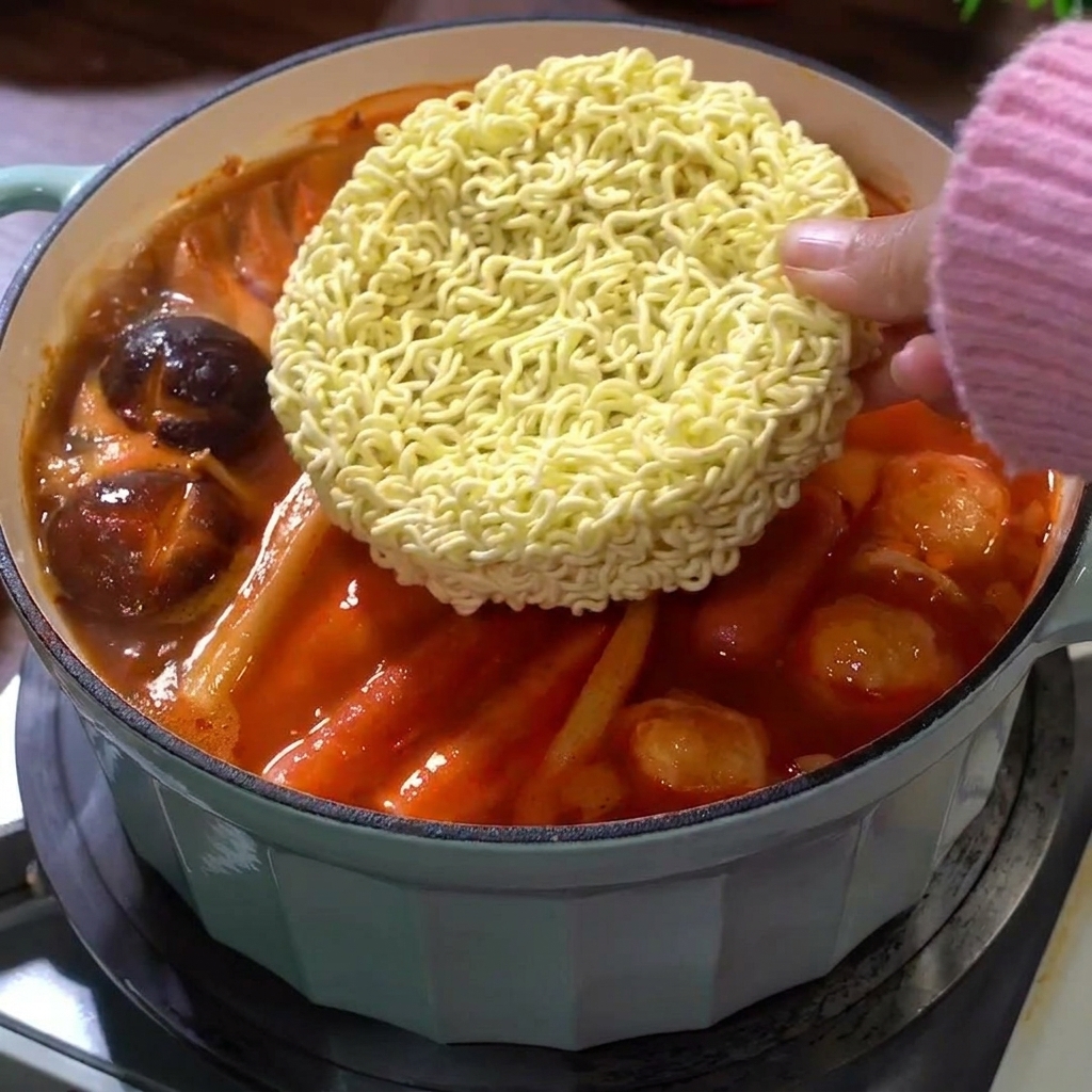 A dry block of instant ramen being placed into the boiling red broth of the stew.