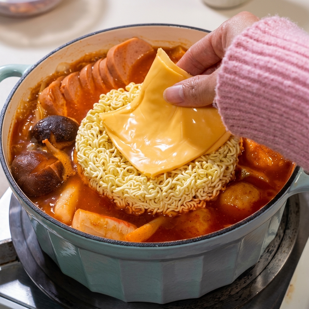 An egg being cracked and dropped onto the center of cooking ramen noodles in the pot.