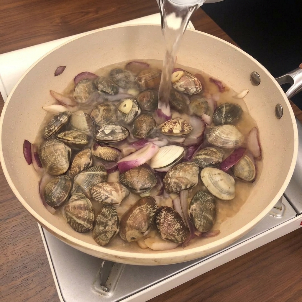 Water and rosemary being poured into a pan filled with clams and onion, ready to be covered.