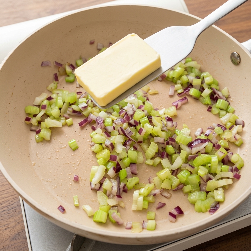 Butter melting into the mixture of sautéed onion and celery in the pan.