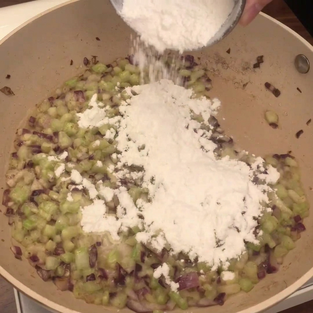 Clear liquid being poured from a bowl into the pan with the sautéed vegetables.