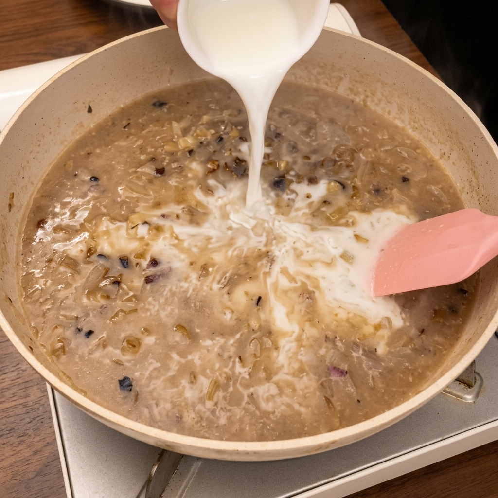 Milk being swirled into the simmering, thickened soup base.