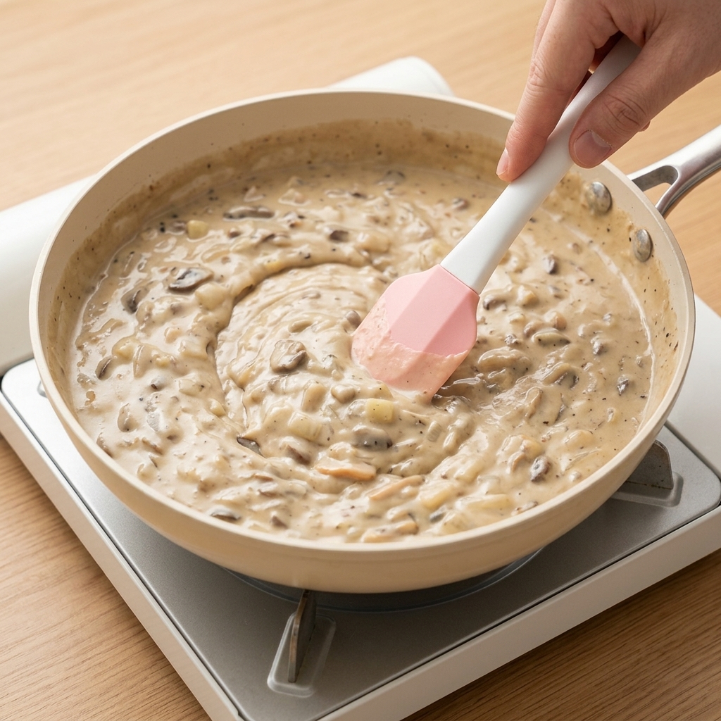 Heavy cream swirling into the simmering clam chowder.