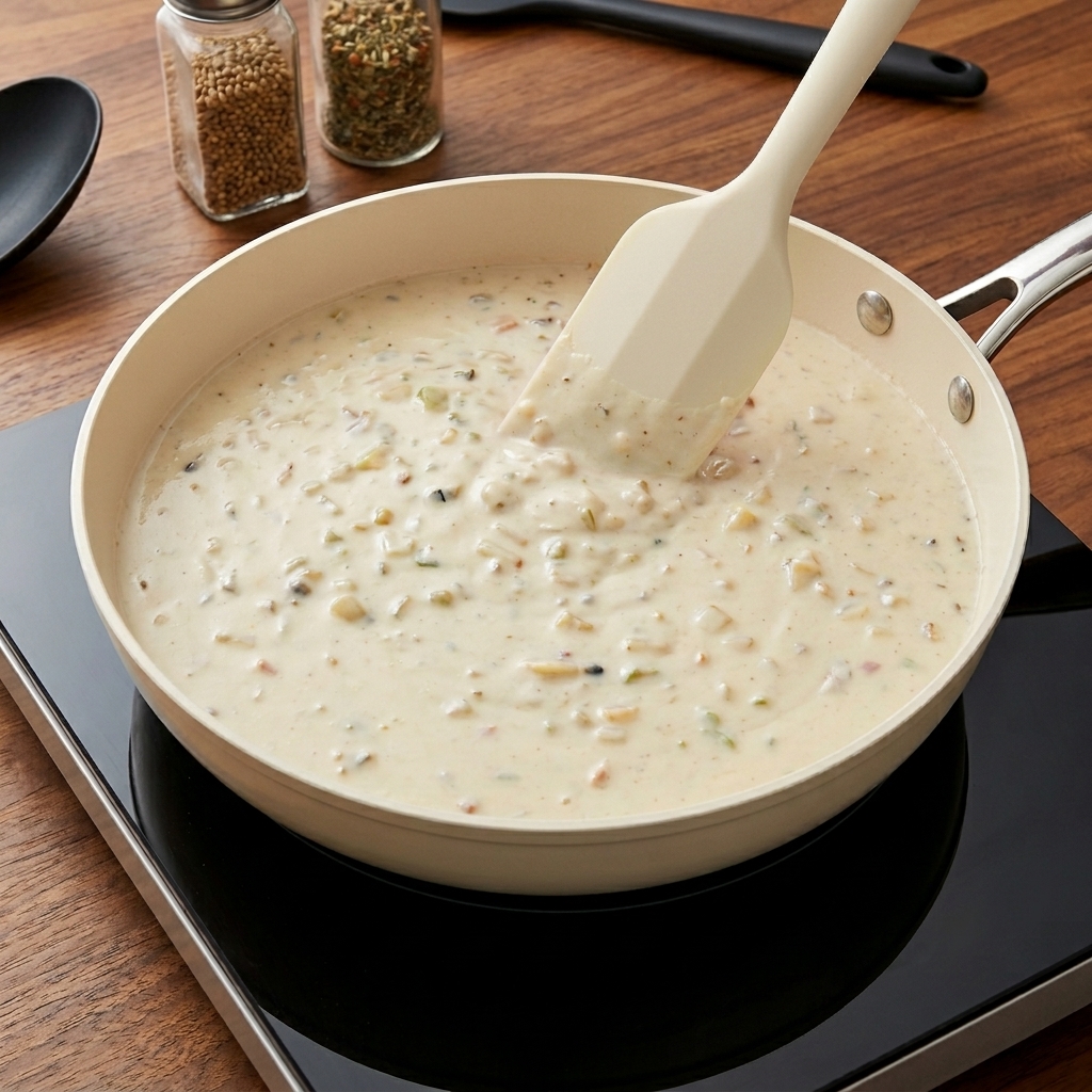 Close-up view of freshly ground black pepper being sprinkled into a pan of simmering, creamy clam chowder.