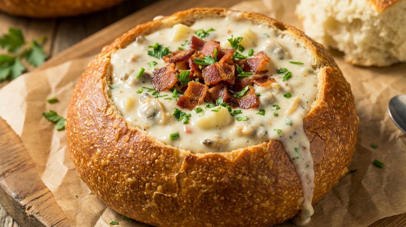 Creamy Clam Chowder in a Sourdough Bread Bowl