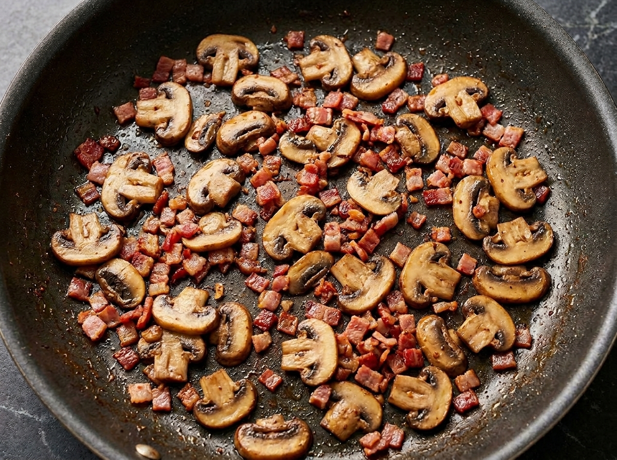 Clams and cooked potato cubes being stirred into a pan with sautéed bacon and mushrooms.