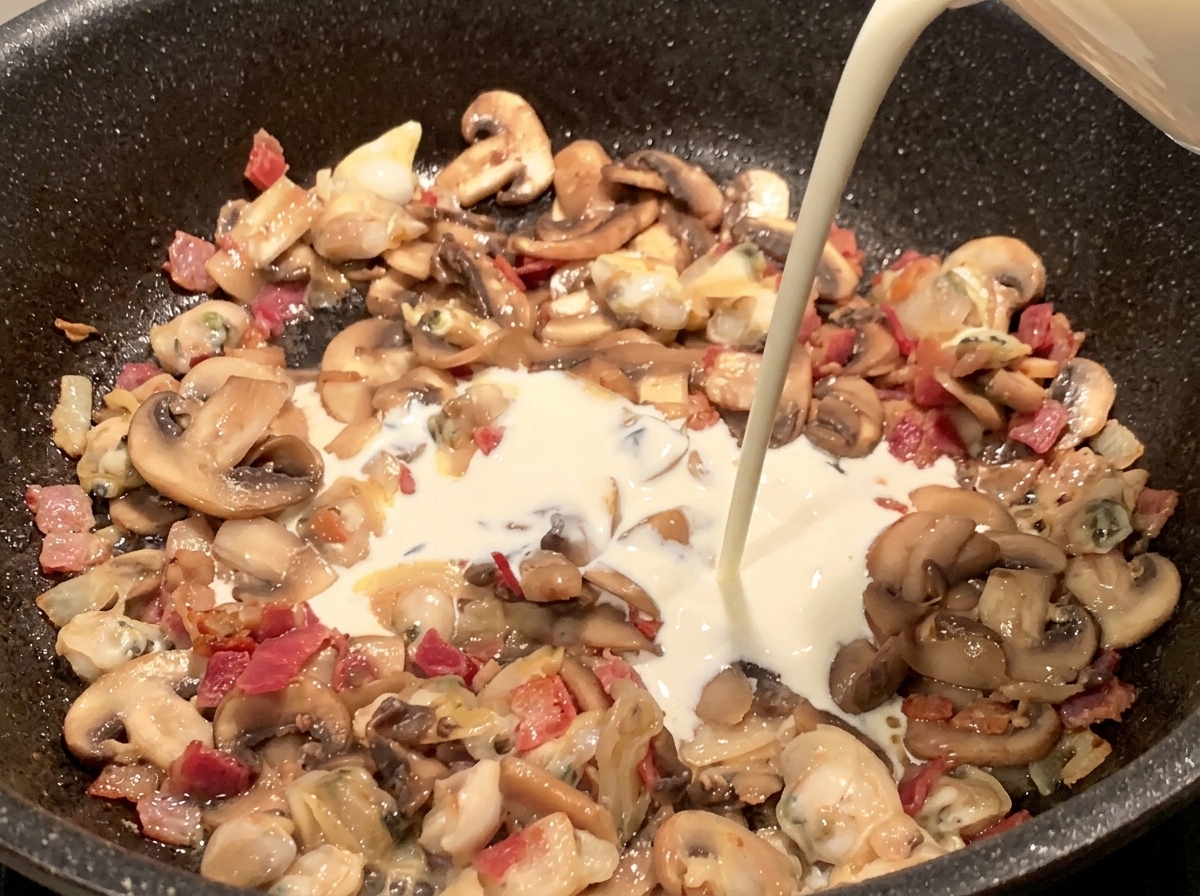 Heavy cream being poured over the mixture of clams, bacon, mushrooms, and potatoes in a frying pan.