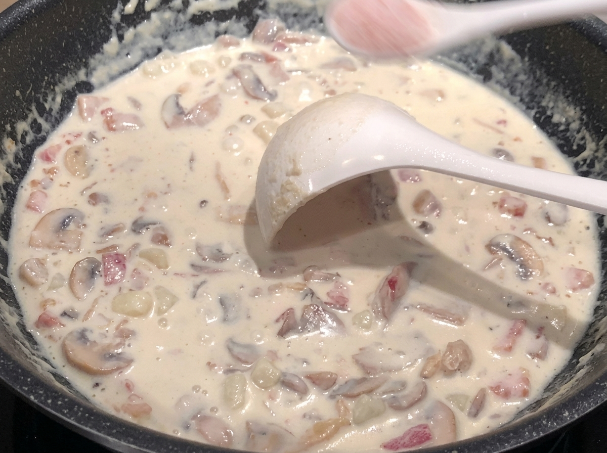 A sprinkle of salt being added to the creamy soup mixture in the pan.