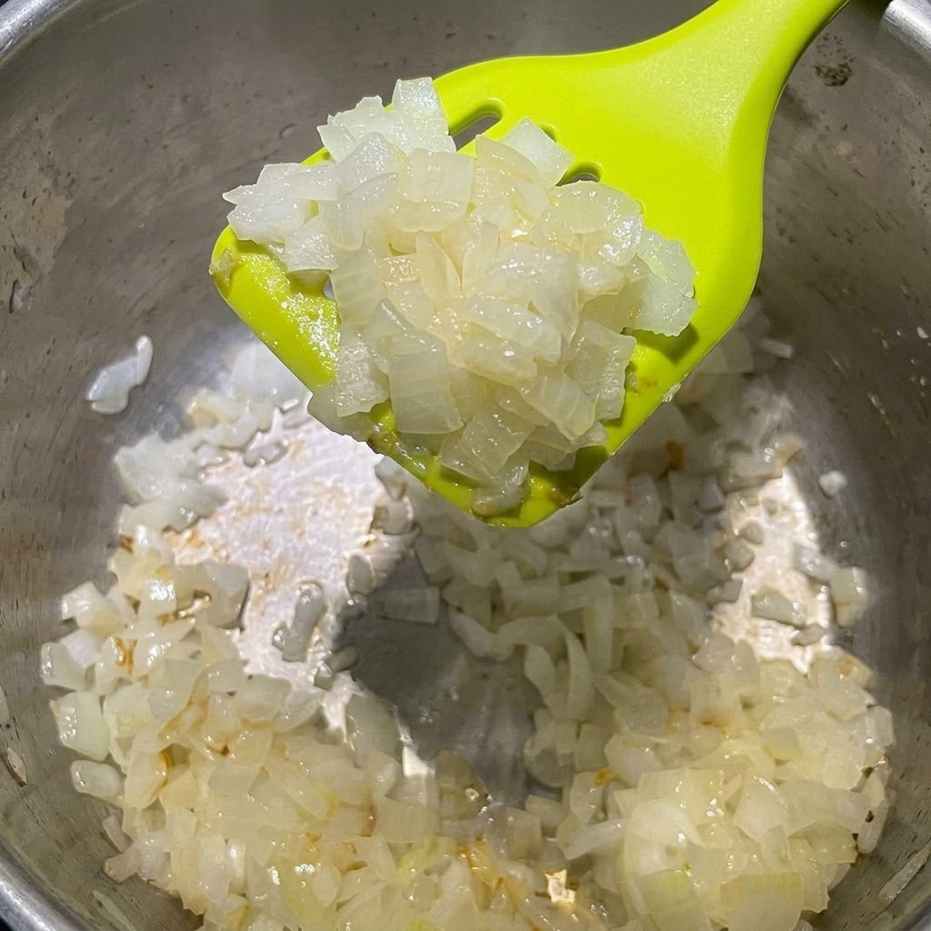 Diced white onions being sautéed in a pot with melted butter.