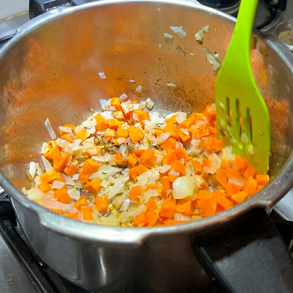 Diced carrots being stirred into the pot with cooked onions.
