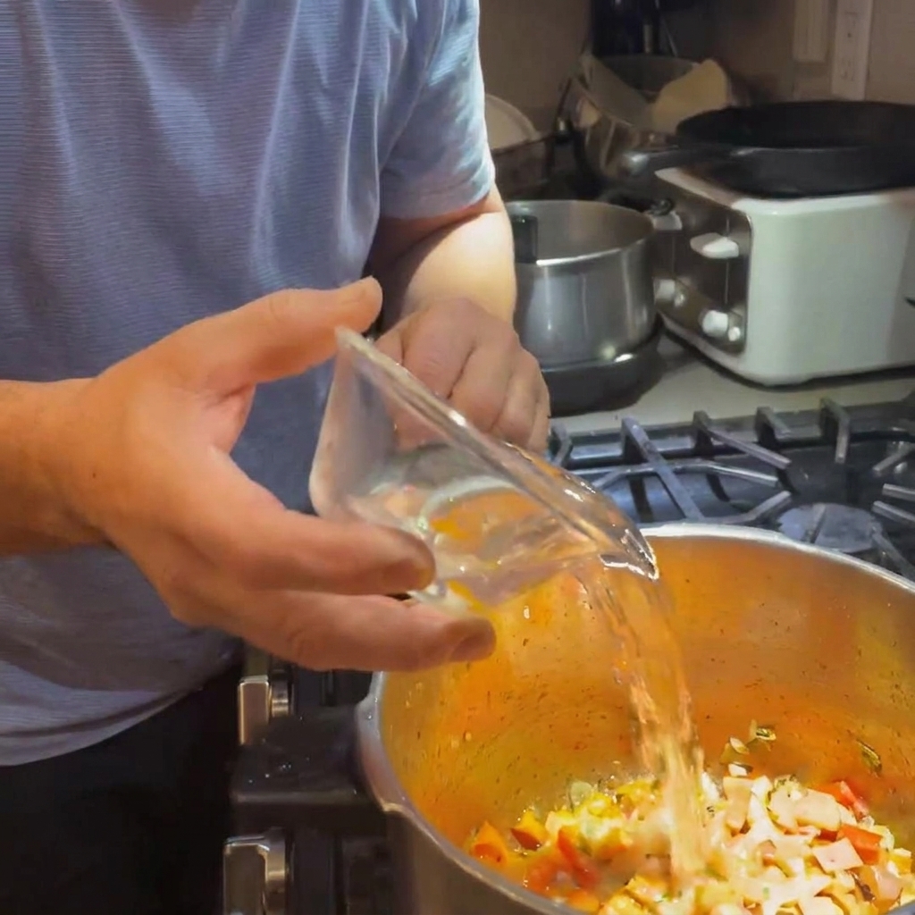 Water being poured into the pot containing cooked onions and carrots.