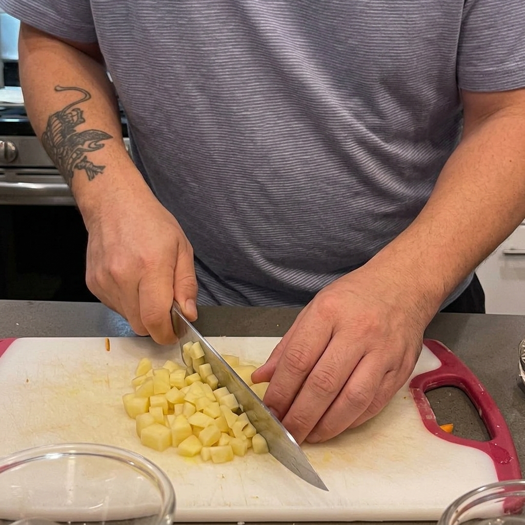 Chopping canned clams into uniform pieces on a cutting board.