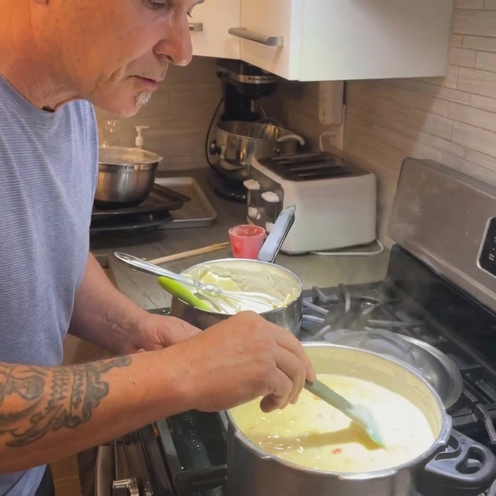 A whisk blending flour and melted butter in a saucepan to form a thick roux.