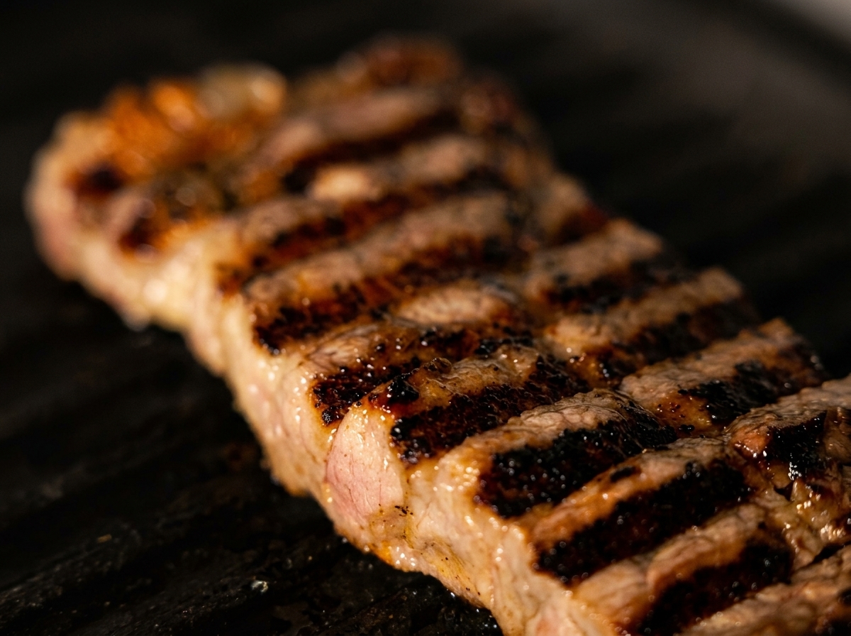 A close-up view of a thick sirloin steak with prominent, dark char marks from being seared on a hot grill plate.