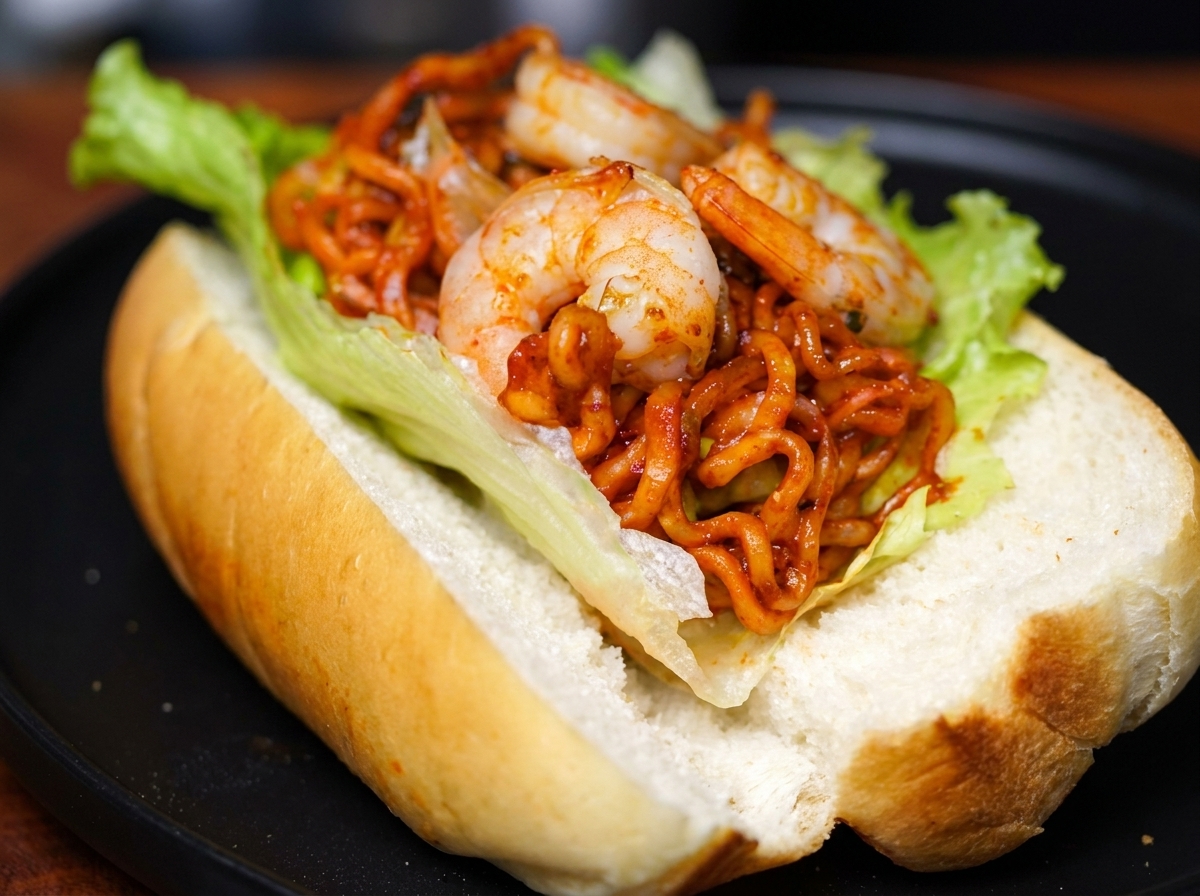 Grilled shrimp placed on top of a bed of noodles inside a toasted bun, ready for the steak and final toppings.