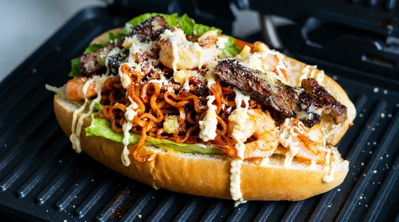 Spicy Fire Noodle Hot Dog with Steak and Shrimp