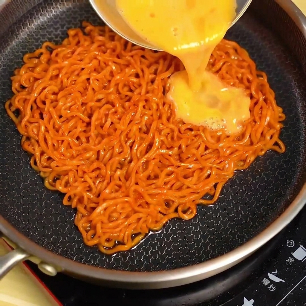 A stream of beaten yellow egg mixture being poured onto the pile of red fire noodles in a pan.