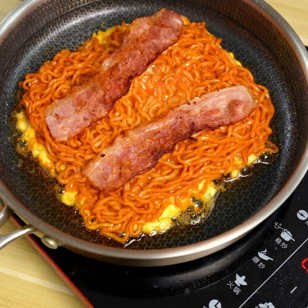 Two strips of crispy cooked bacon laid on top of the sizzling noodle and egg mixture in the pan.