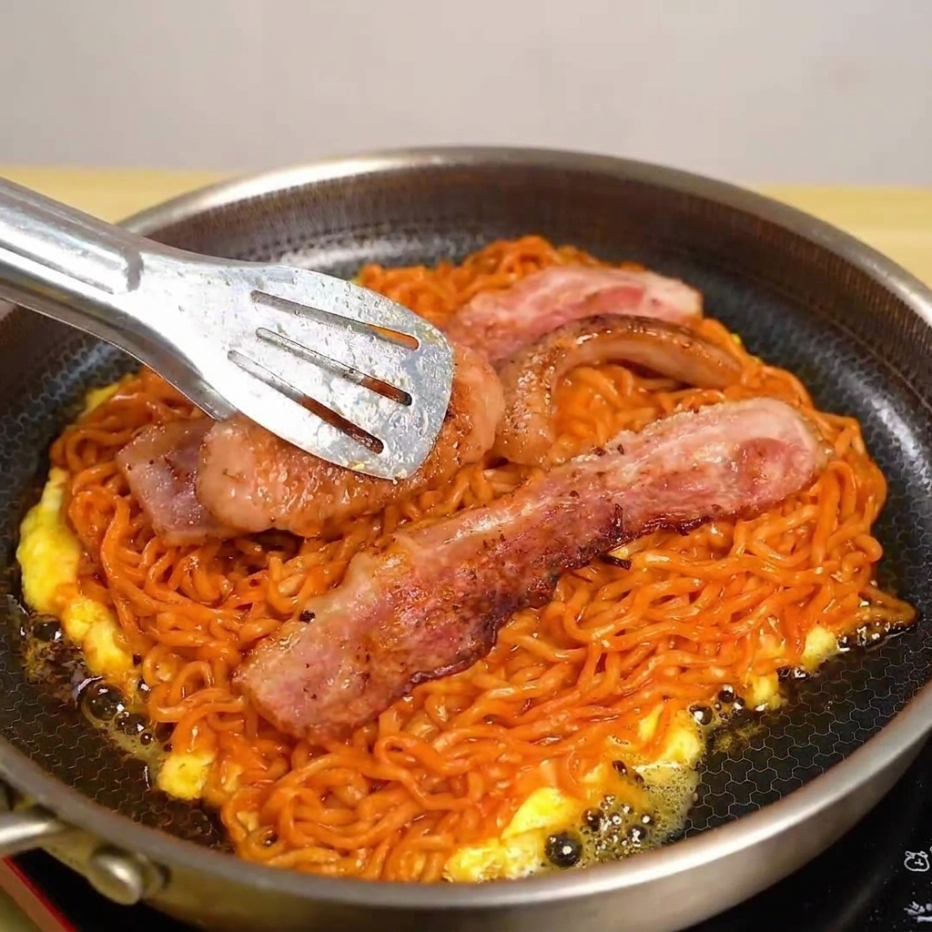 A single slice of yellow cheese being placed atop the bacon and noodle mixture in a frying pan.
