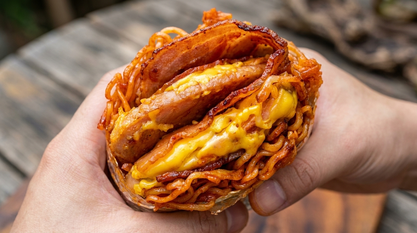 Fire Noodle Egg and Bacon Roll