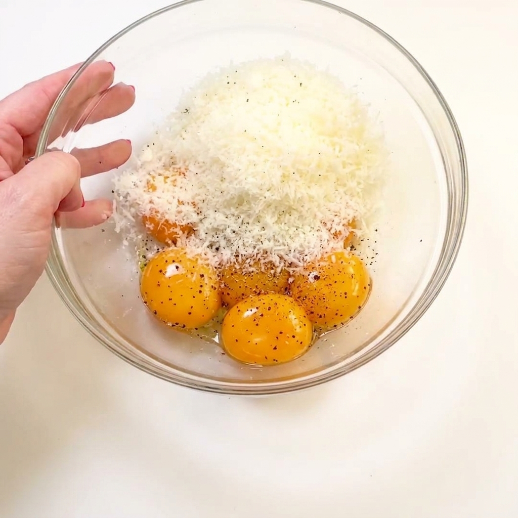 A smooth, thick yellow mixture of whisked egg yolks, parmesan cheese, and black pepper in a glass bowl.