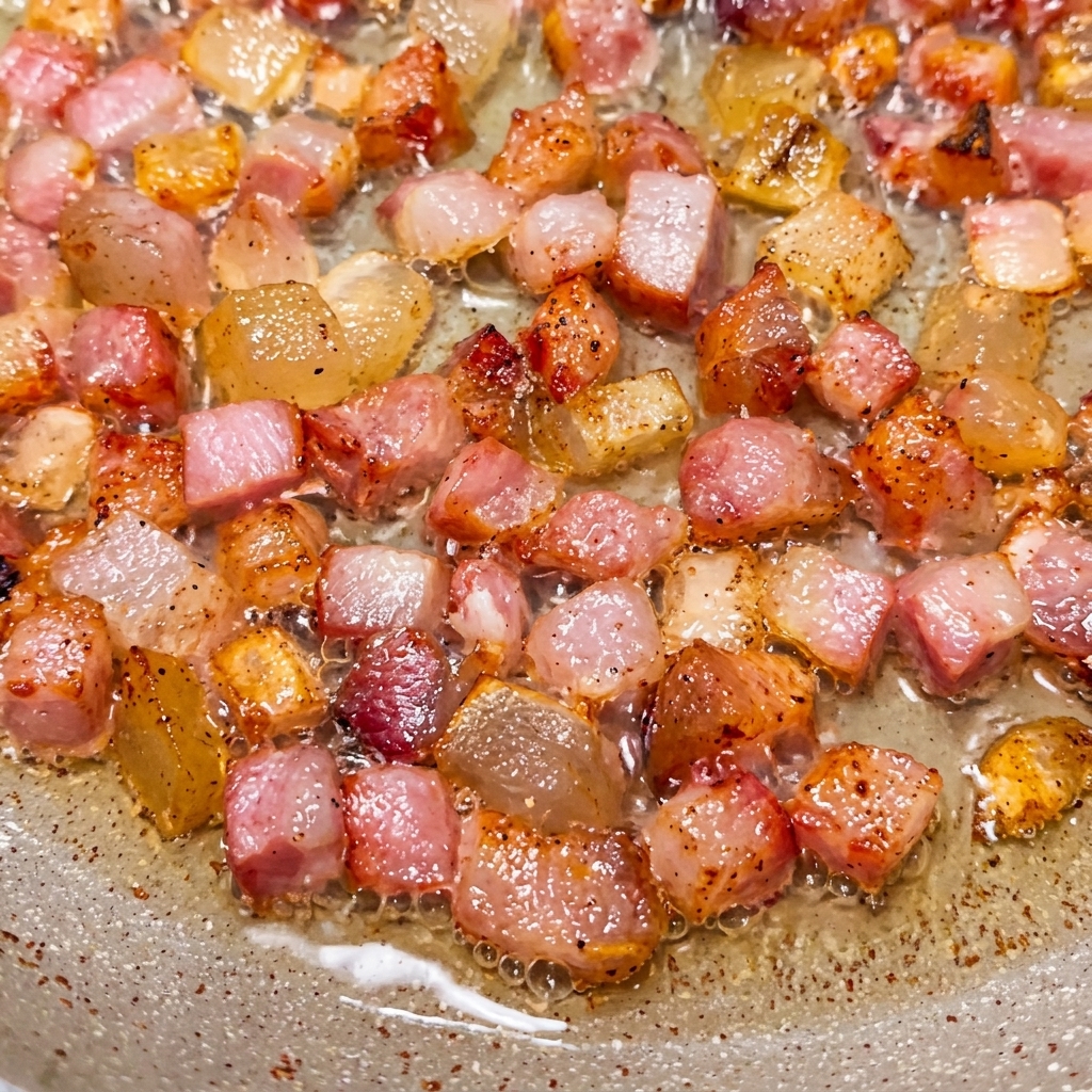 Golden brown crispy bacon cubes frying in rendered fat in a pan.
