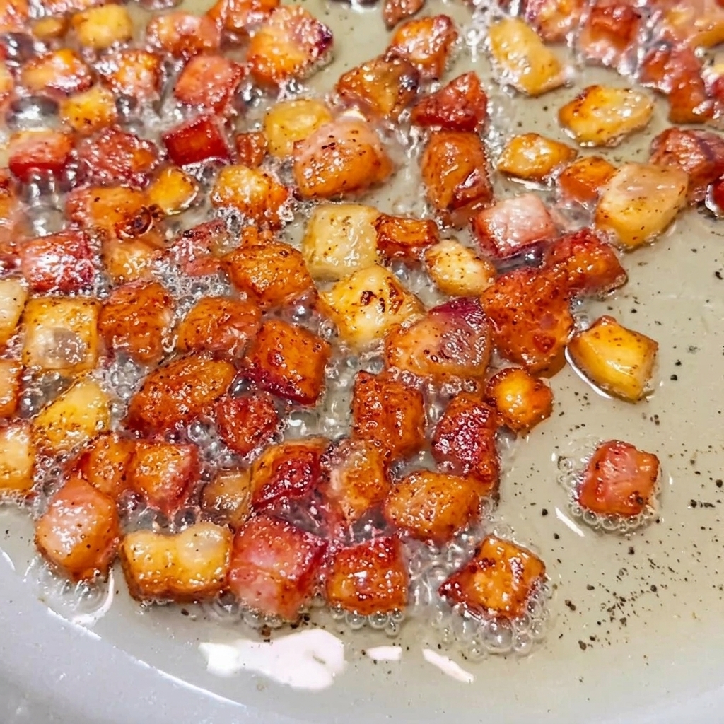 Crispy bacon bits being separated from liquid fat using a fine mesh strainer.