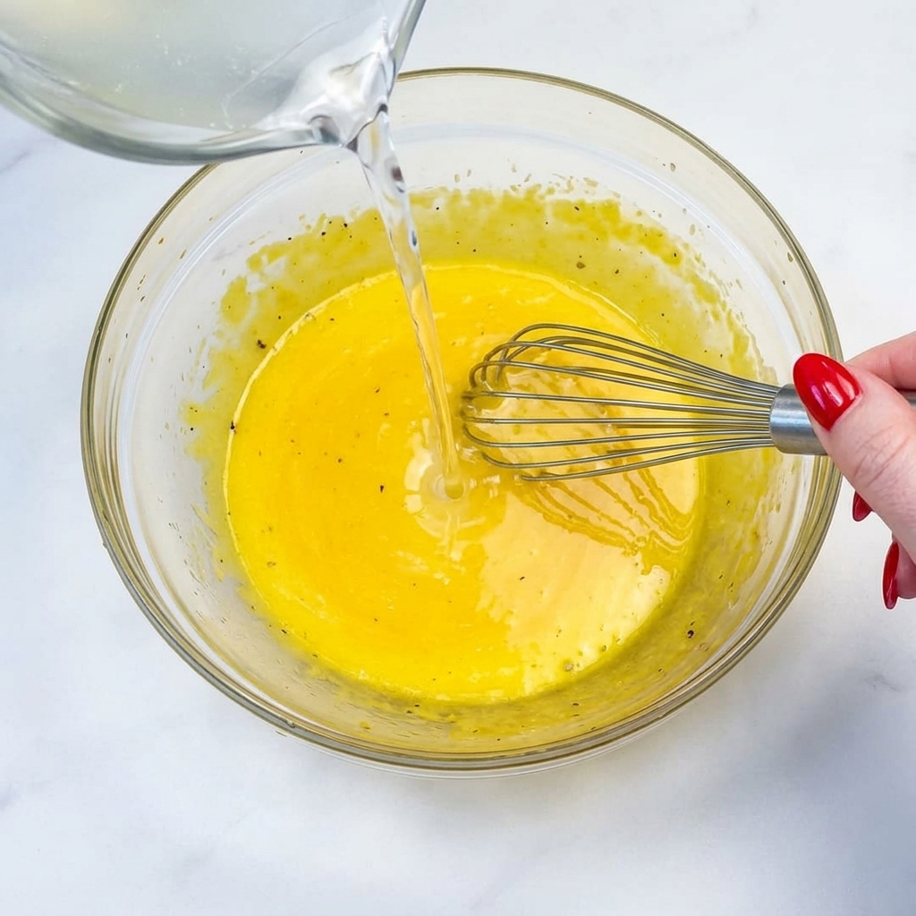 Hot pasta water being whisked into a bowl of vibrant yellow egg and cheese mixture.