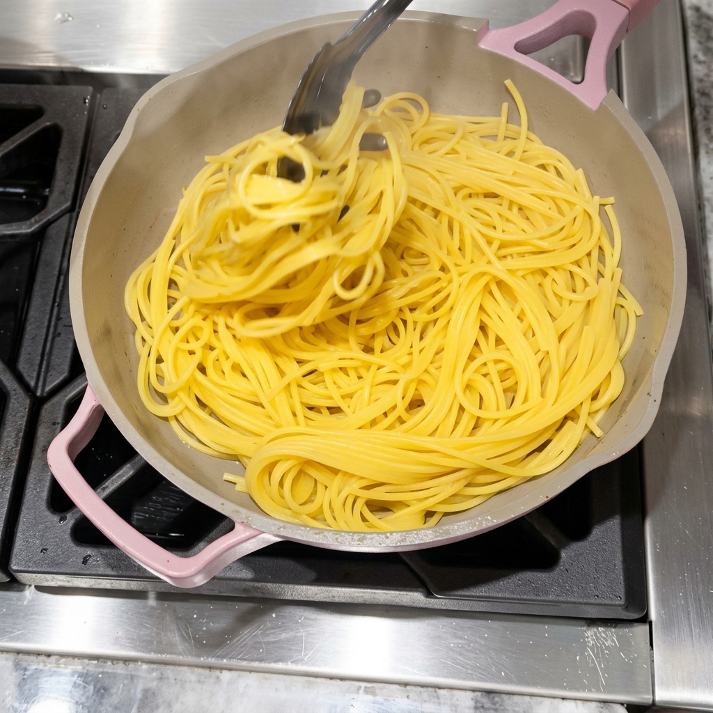 Spaghetti and bacon bits being tossed together in a large non-stick skillet.