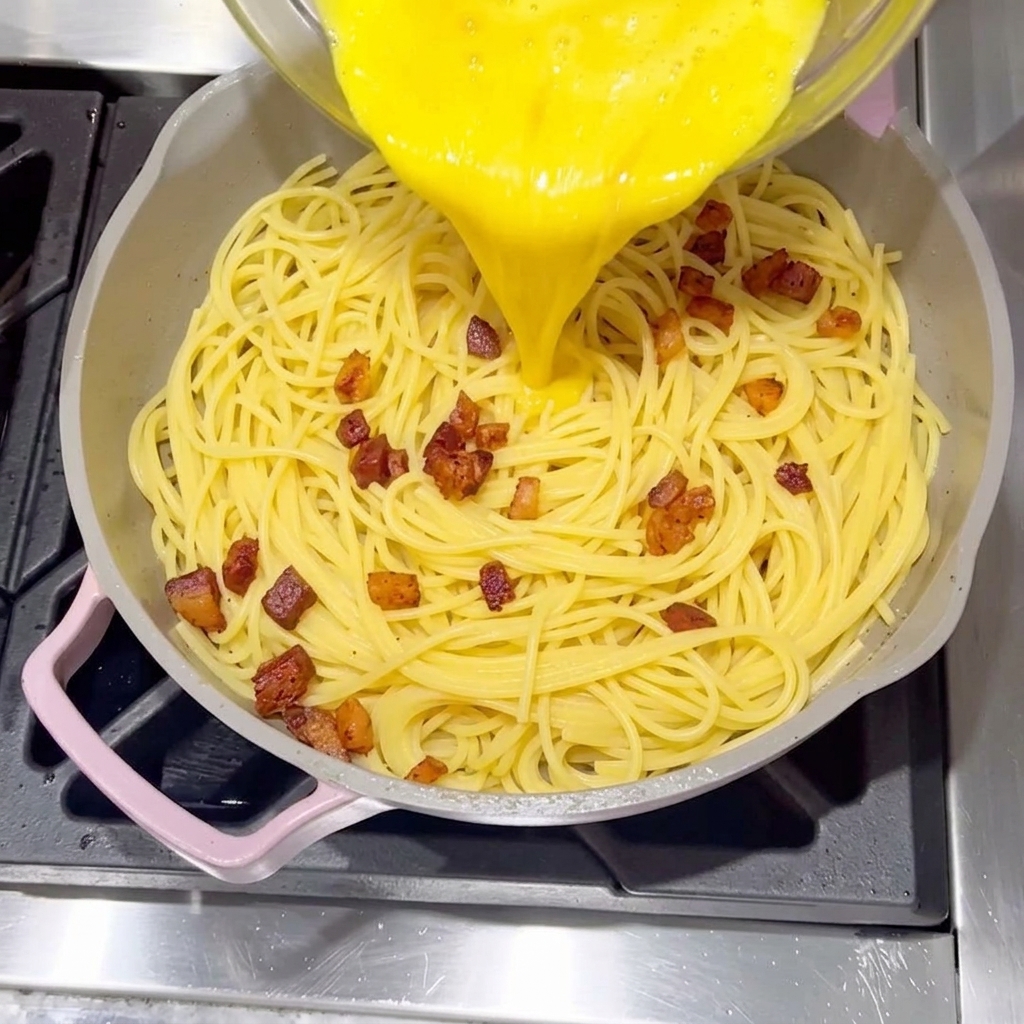 Creamy yellow egg and cheese sauce being poured onto the spaghetti in the pan.