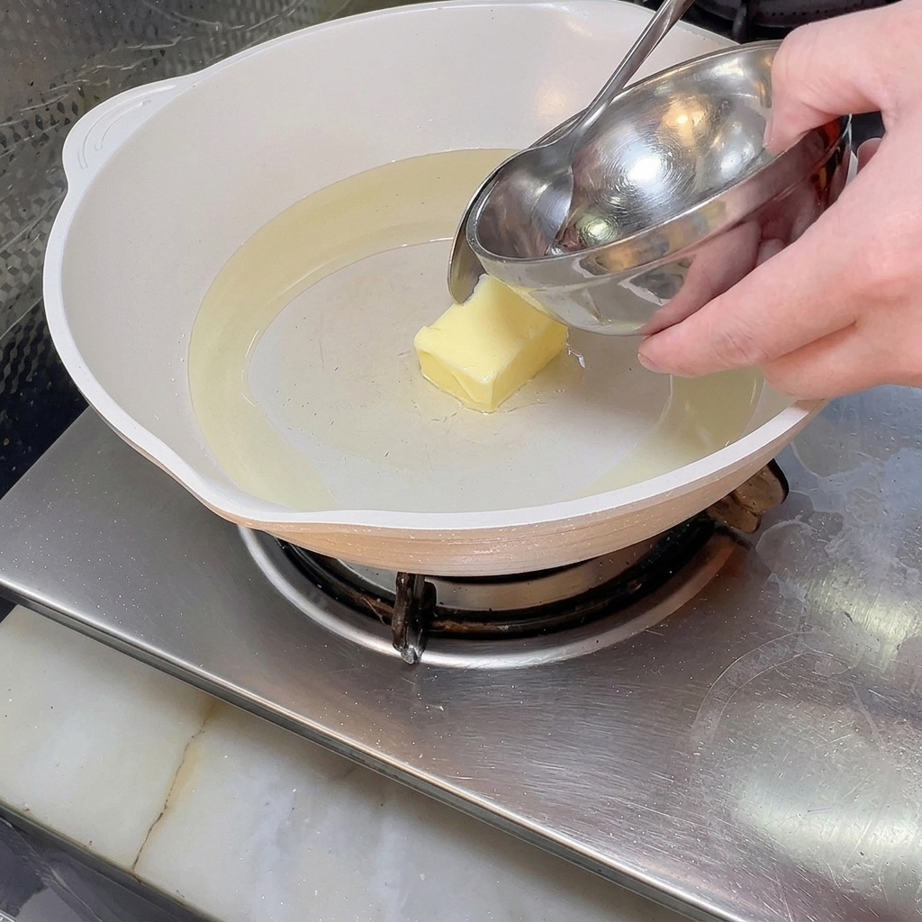 A knob of butter melting into a pool of hot oil in a clean white pan.
