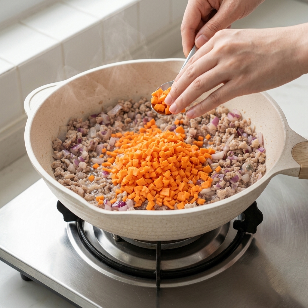 Diced carrots being added to a pan containing browned meat and onions.