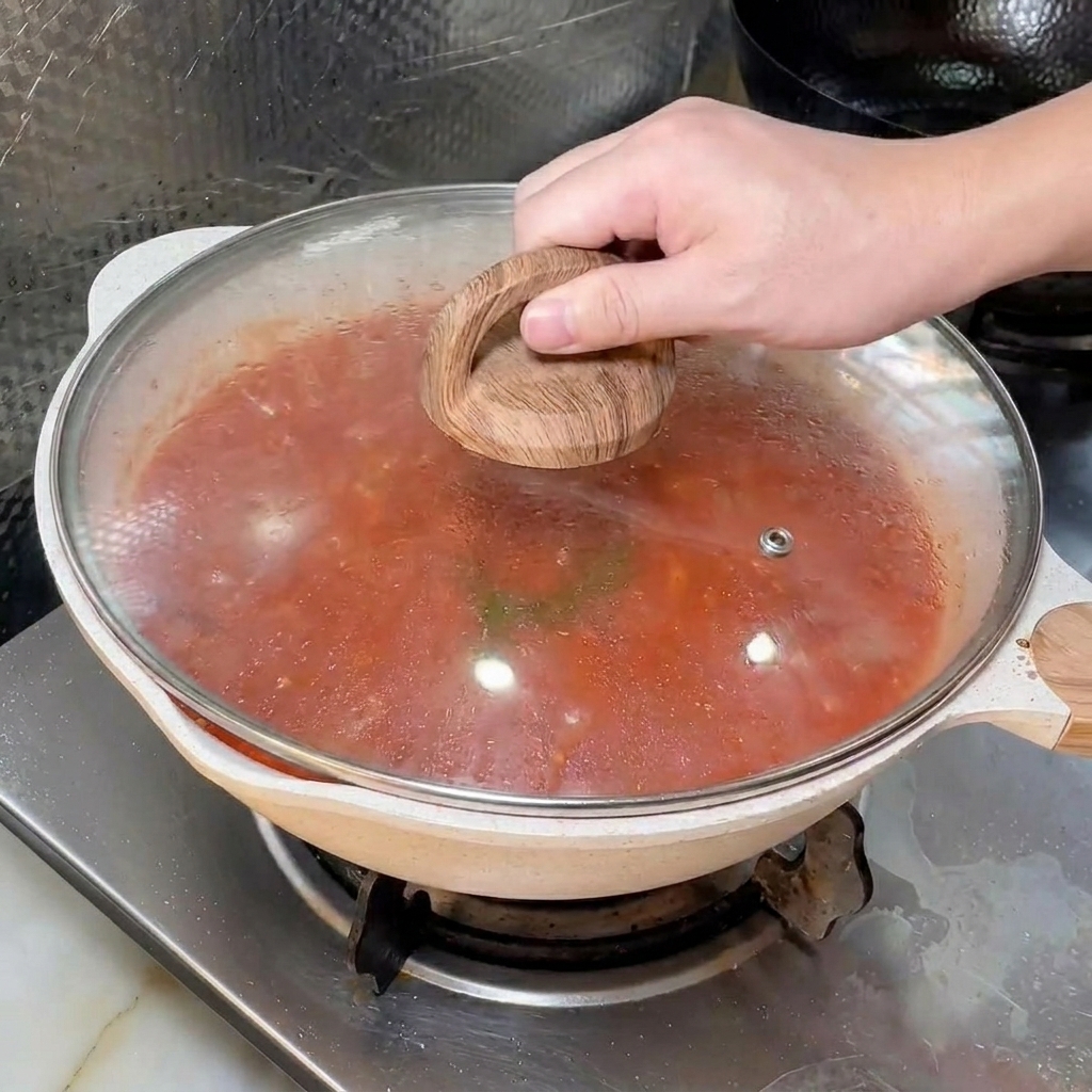 Diced celery being added to a pan containing a mixture of browned meat onions and carrots