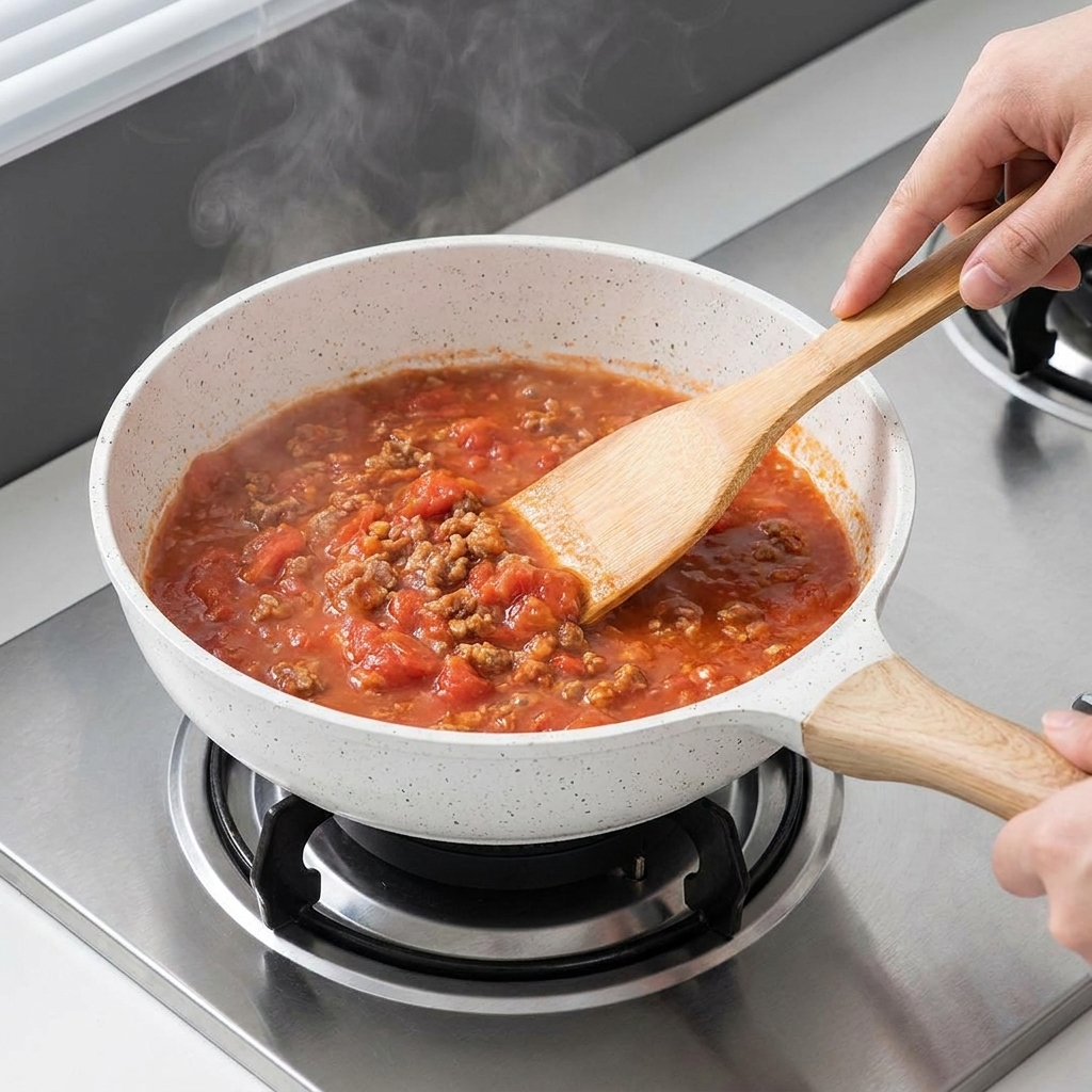 Tomato paste being squeezed from a tube into a pan with sautéed meat and vegetables.