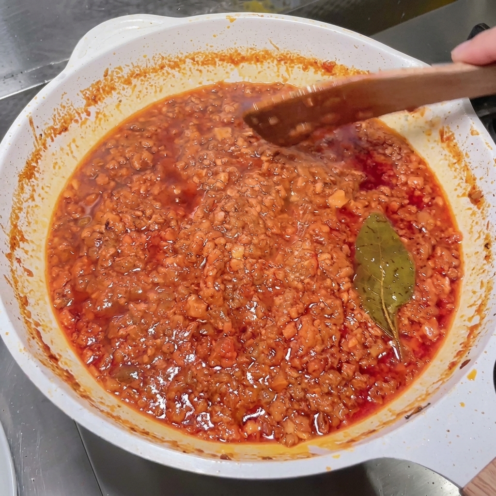 Red wine being poured from a spoon into a hot pan containing the meat and vegetable mixture.
