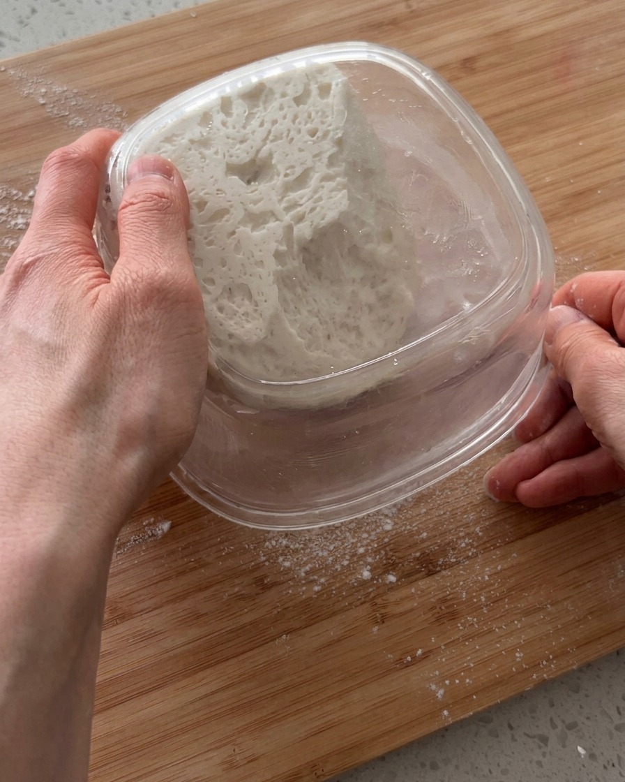 Pizza dough being pressed and dimpled by hand on a wooden cutting board.