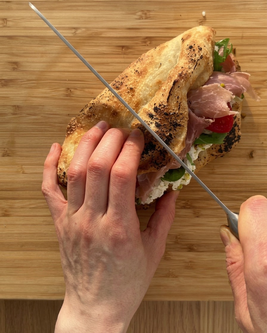 A serrated knife slicing through the assembled sandwich on a wooden board.