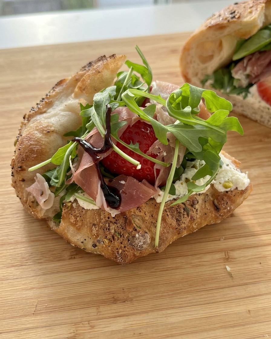A dark balsamic glaze being drizzled over a fresh sandwich filled with prosciutto, strawberries, and arugula.