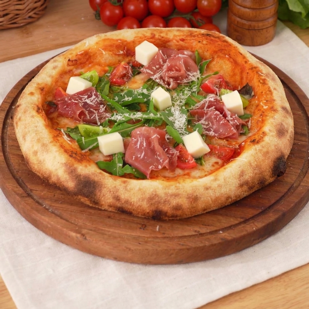 A top-down view of a white bowl containing measured pizza flour and dry ingredients.
