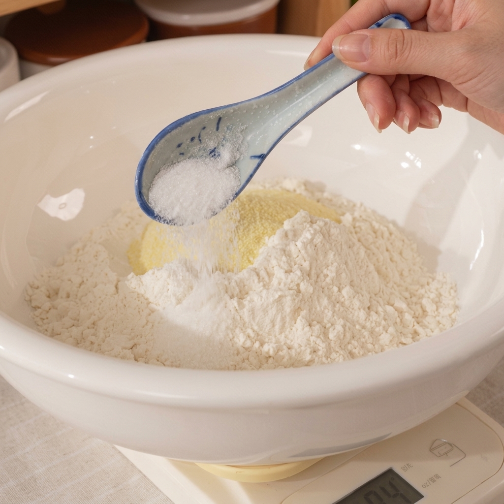 The liquid yeast mixture being poured into the large bowl filled with dry flour.